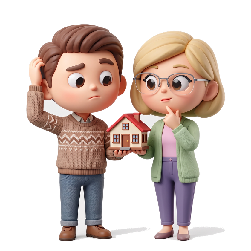 A confused-looking man and woman holding a small model house between them, illustrating how confusing a survey can feel