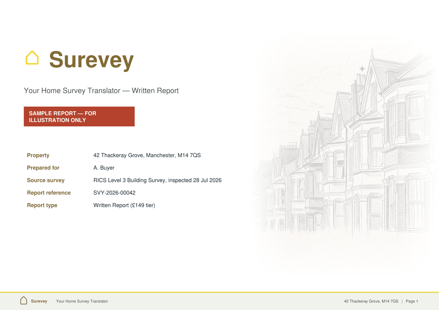 Sample report cover page, with property details and a SAMPLE REPORT label