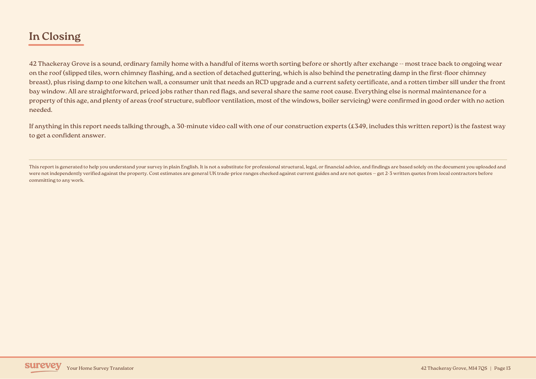 In Closing page, with a summary paragraph, video-call upsell and disclaimer