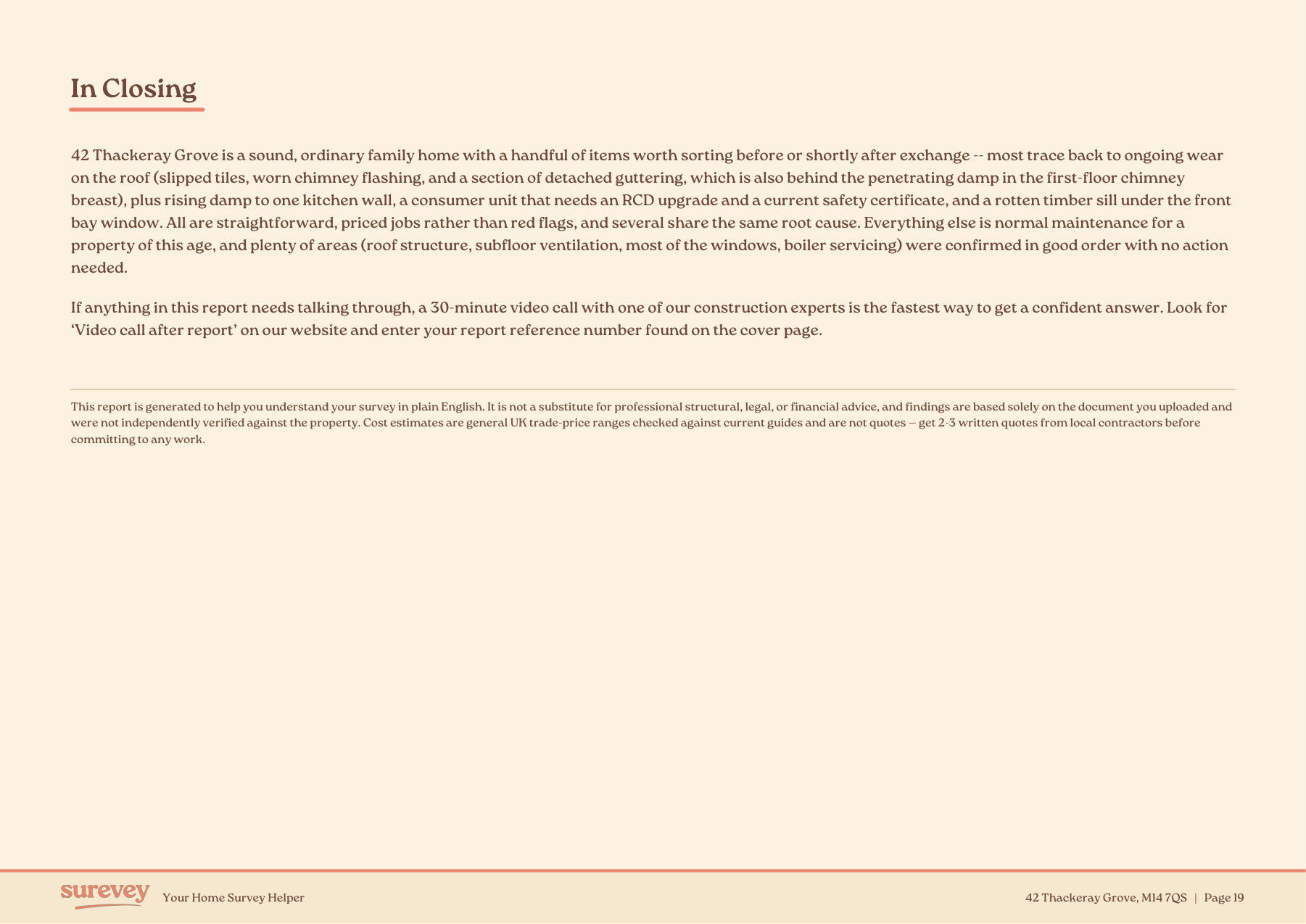 In Closing page, with a summary paragraph, video-call upsell and disclaimer