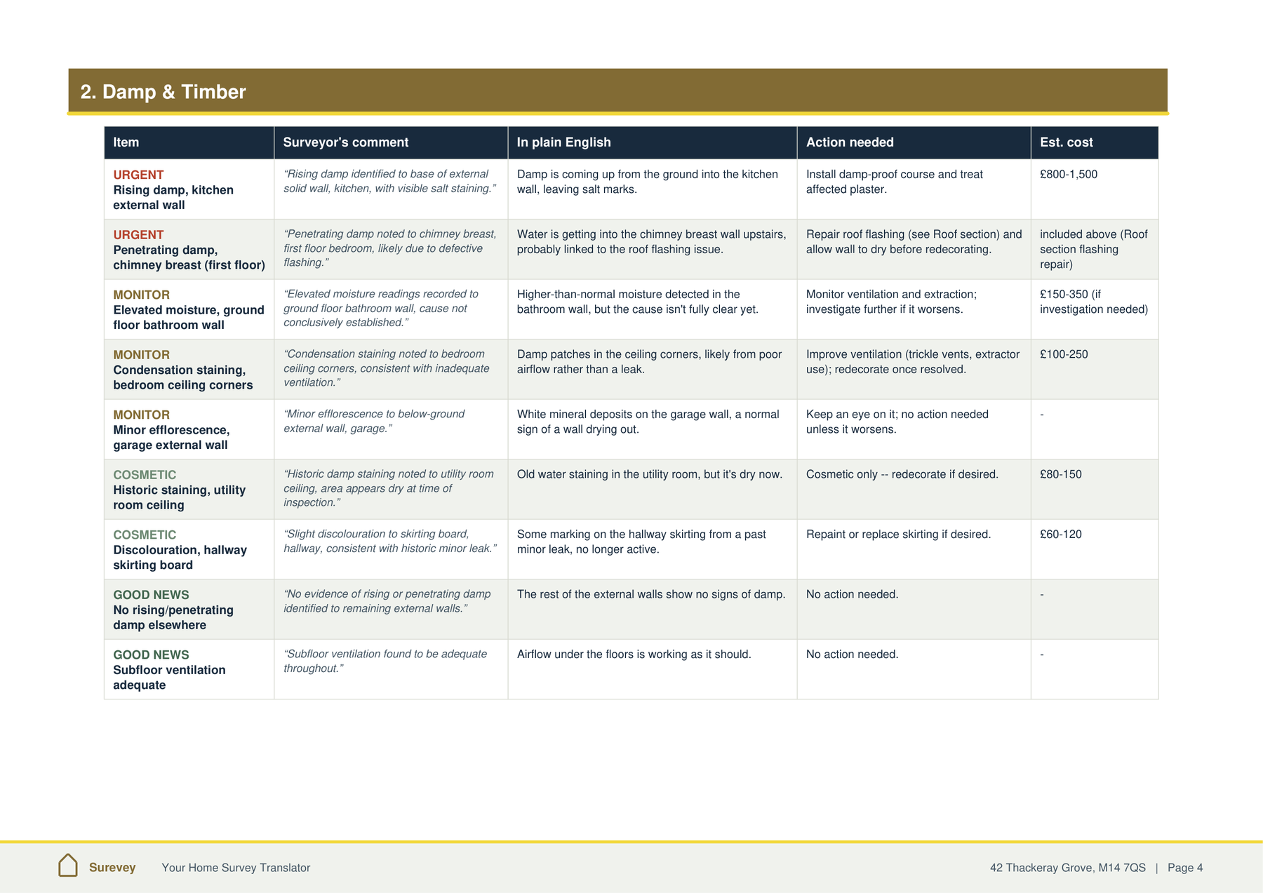 Damp and Timber section table, with surveyor quotes translated into plain English